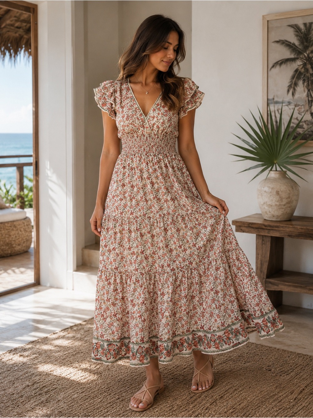 Max Studio Cream Maxi Dress with Rust & Green Floral